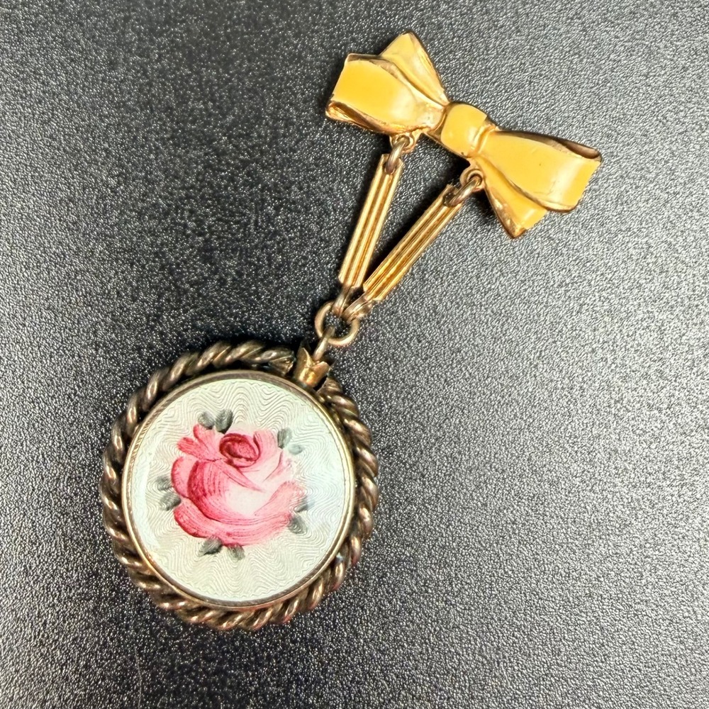 Vintage Guilloche Enamel Rose Locket Brooch‎ Yellow Bow Pin Gold Tone Floral